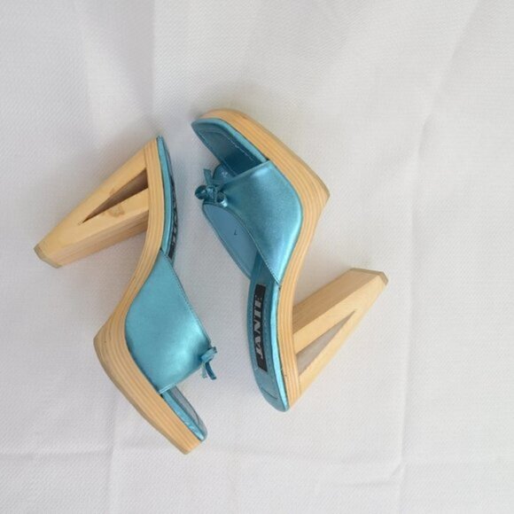 Y2K Platform Wooden Clog Shoes Satin Blue Sz 7 - Picture 8 of 10